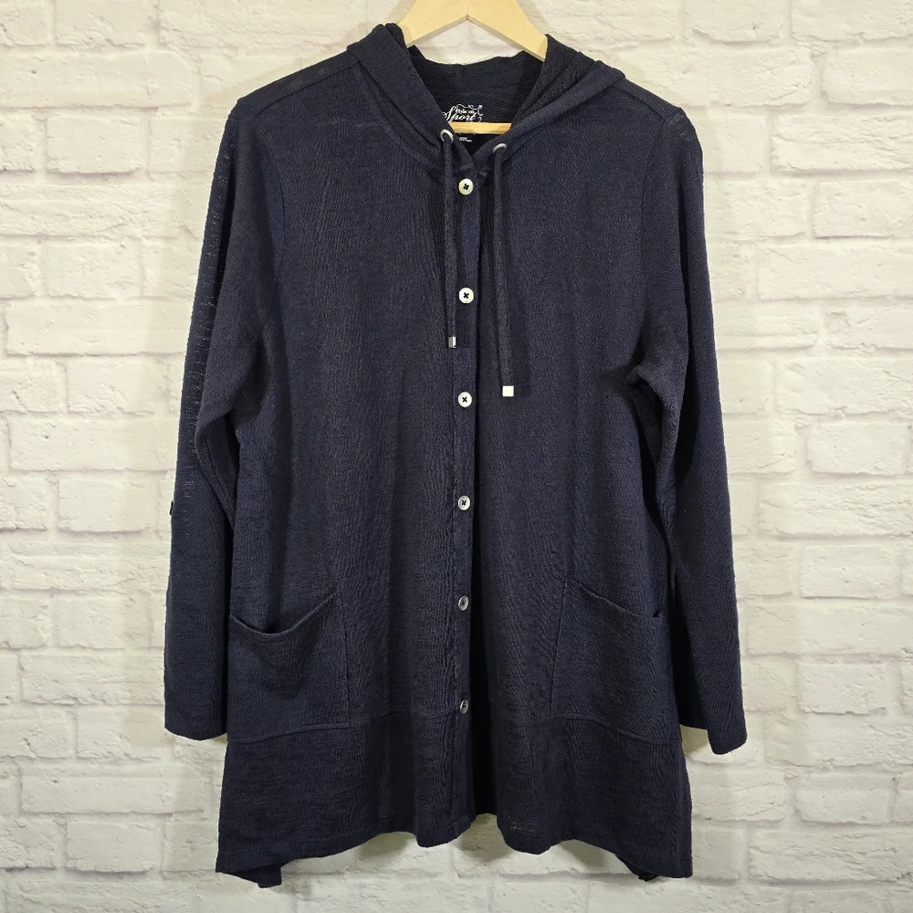 M Style & Co Sport Navy Hooded Cardigan with Pockets Size XL Lightweight Buttons - Picture 2 of 10